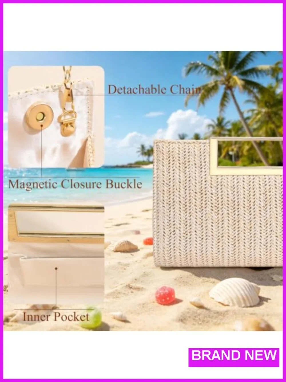 Straw Clutch Purse with Detachable Chain for Wedding Party Evening Bag